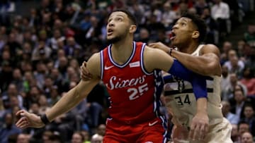 MILWAUKEE, WI - JANUARY 29: Ben Simmons #25 of the Philadelphia 76ers boxes out Giannis Antetokounmpo #34 of the Milwaukee Bucks in the second quarter at the Bradley Center on January 29, 2018 in Milwaukee, Wisconsin. NOTE TO USER: User expressly acknowledges and agrees that, by downloading and or using this photograph, User is consenting to the terms and conditions of the Getty Images License Agreement. (Photo by Dylan Buell/Getty Images)