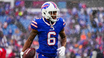 ORCHARD PARK, NY - JANUARY 22: Isaiah McKenzie #6 of the Buffalo Bills warms up against the Cincinnati Bengals at Highmark Stadium on January 22, 2023 in Orchard Park, New York. (Photo by Cooper Neill/Getty Images)