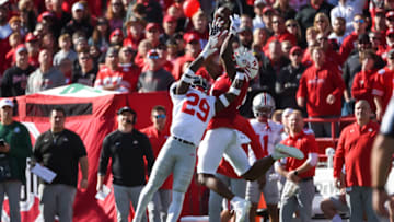 LINCOLN, NE - NOVEMBER 6: Cornerback Denzel Burke #29 of the Ohio State Buckeyes breaks up a pass intended for wide receiver Omar Manning #5 of the Nebraska Cornhuskers in the first half at Memorial Stadium on November 6, 2021 in Lincoln, Nebraska. (Photo by Steven Branscombe/Getty Images)