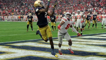 Jan 1, 2016; Glendale, AZ, USA; Notre Dame Fighting Irish wide receiver Chris Brown (2) catches a touchdown pass against Ohio State Buckeyes cornerback Gareon Conley (8) during the second half of the 2016 Fiesta Bowl at University of Phoenix Stadium. Mandatory Credit: Joe Camporeale-USA TODAY Sports