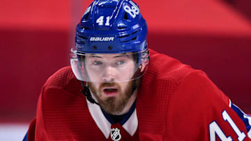 MONTREAL, QC - FEBRUARY 02: Paul Byron #41 of the Montreal Canadiens looks on against the Vancouver Canucks during the second period at the Bell Centre on February 2, 2021 in Montreal, Canada. The Montreal Canadiens defeated the Vancouver Canucks 5-3. (Photo by Minas Panagiotakis/Getty Images)