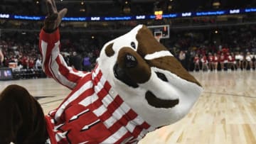 Mar 15, 2019; Chicago, IL, USA; Bucky Badger, University of Wisconsin mascot poses during the first half in the Big Ten conference tournament at United Center. Mandatory Credit: David Banks-USA TODAY Sports