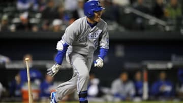 Apr 25, 2014; Baltimore, MD, USA; Kansas City Royals right fielder Nori Aoki (23) reacts after grounding out in the first inning against the Baltimore Orioles at Oriole Park at Camden Yards. Mandatory Credit: Joy R. Absalon-USA TODAY Sports