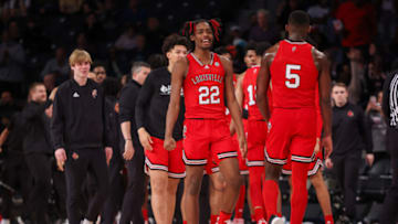 Feb 25, 2023; Atlanta, Georgia, USA; Louisville Cardinals forward Kamari Lands (22) reacts against the Georgia Tech Yellow Jackets in the second half at McCamish Pavilion. Mandatory Credit: Brett Davis-USA TODAY Sports