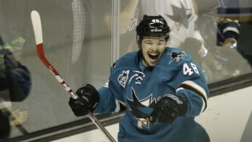 May 19, 2016; San Jose, CA, USA; San Jose Sharks center Tomas Hertl (48) celebrates after scoring a goal against the St. Louis Blues during the third period in game three of the Western Conference Final of the 2016 Stanley Cup Playoffs at SAP Center at San Jose. Mandatory Credit: John Hefti-USA TODAY Sports