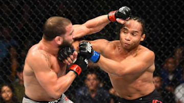 DALLAS, TX - SEPTEMBER 08: (L-R) Jimmie Rivera punches John Dodson in their bantamweight fight during the UFC 228 event at American Airlines Center on September 8, 2018 in Dallas, Texas. (Photo by Josh Hedges/Zuffa LLC/Zuffa LLC via Getty Images)