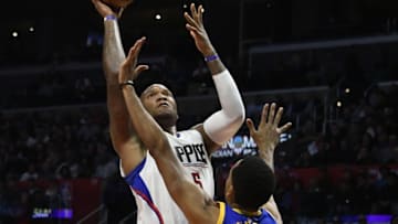 Dec 7, 2016; Los Angeles, CA, USA; LA Clippers center Marreese Speights (5) shoots against Golden State Warriors guard Shaun Livingston (34) in the fourth quarter at Staples Center. Mandatory Credit: Richard Mackson-USA TODAY Sports