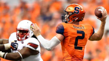 Sep 9, 2016; Syracuse, NY, USA; Syracuse Orange quarterback Eric Dungey (2) passes the ball against the Louisville Cardinals during the fourth quarter at the Carrier Dome. Louisville defeated Syracuse 62-28. Mandatory Credit: Rich Barnes-USA TODAY Sports