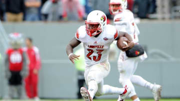 Oct 3, 2015; Raleigh, NC, USA; Louisville Cardinals running back Brandon Radcliff (23) during the second half against the North Carolina State Wolfpack at Carter Finley Stadium. Louisville won 20 - 13. Mandatory Credit: Evan Pike-USA TODAY Sports