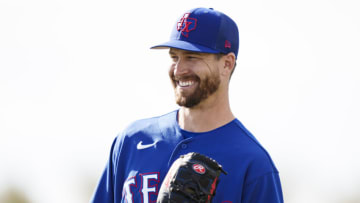 SURPRISE, AZ - FEBRUARY 19: Jacob deGrom #48 of the Texas Rangers smiles during a Texas Rangers spring training team workout at Surprise Stadium on February 19, 2023 in Surprise, Arizona. (Photo by Ben Ludeman/Texas Rangers/Getty Images)