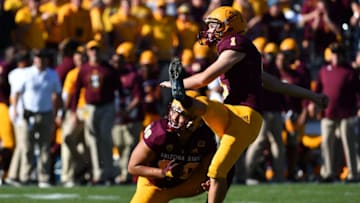 TEMPE, AZ - NOVEMBER 10: Place kicker Brandon Ruiz #1 of the Arizona State Sun Devils kicks a field goal in the second half against the UCLA Bruins at Sun Devil Stadium on November 10, 2018 in Tempe, Arizona. The Arizona State Sun Devils won 31-28. (Photo by Jennifer Stewart/Getty Images)