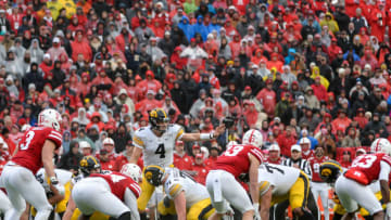 LINCOLN, NE - NOVEMBER 29: Quarterback Nate Stanley #4 of the Iowa Hawkeyes looks over the line against the Nebraska Cornhuskers at Memorial Stadium on November 29, 2019 in Lincoln, Nebraska. (Photo by Steven Branscombe/Getty Images)
