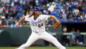 KANSAS CITY, MO - MARCH 29: Burch Smith #64 of the Kansas City Royals pitches during the game against the Chicago White Sox on Opening Day at Kauffman Stadium on March 29, 2018 in Kansas City, Missouri. (Photo by Jamie Squire/Getty Images)
