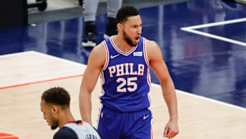 WASHINGTON, DC - MAY 31: Ben Simmons #25 of the Philadelphia 76ers celebrates during the first quarter against the Washington Wizards during Game Four of the Eastern Conference first round series at Capital One Arena on May 31, 2021 in Washington, DC. NOTE TO USER: User expressly acknowledges and agrees that, by downloading and or using this photograph, User is consenting to the terms and conditions of the Getty Images License Agreement. (Photo by Tim Nwachukwu/Getty Images)
