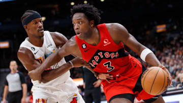 O.G. Anunoby #3 of the Toronto Raptors drives to the net against Jimmy Butler #22 of the Miami Heat(Photo by Cole Burston/Getty Images)