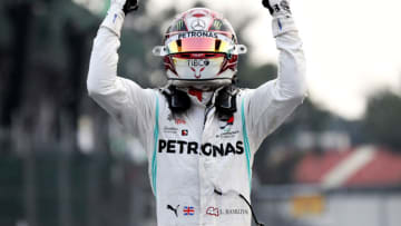 MEXICO CITY, MEXICO - OCTOBER 27: Race winner Lewis Hamilton of Great Britain and Mercedes GP celebrates in parc ferme during the F1 Grand Prix of Mexico at Autodromo Hermanos Rodriguez on October 27, 2019 in Mexico City, Mexico. (Photo by Mark Thompson/Getty Images)