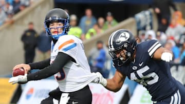 Oct 9, 2021; Provo, Utah, USA; Boise State Broncos quarterback Hank Bachmeier (19) is pressured by Brigham Young Cougars defensive lineman Pepe Tanuvasa (45) during the third quarter at LaVell Edwards Stadium. Mandatory Credit: Rob Gray-USA TODAY Sports