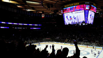 NEW YORK, NEW YORK - OCTOBER 12: Fans celebrate a first-period goal by Kaapo Kakko #24 of the New York Rangers, the first of his NHL career, during a game against the Edmonton Oilers at Madison Square Garden on October 12, 2019 in New York City. (Photo by Emilee Chinn/Getty Images)