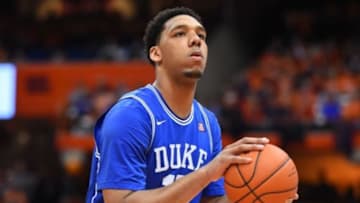 Feb 14, 2015; Syracuse, NY, USA; Duke Blue Devils center Jahlil Okafor (15) walks to the bench during a time out against the Syracuse Orange during the first half at the Carrier Dome. Duke defeated Syracuse 80-72. Mandatory Credit: Rich Barnes-USA TODAY Sports