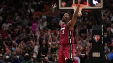 Miami Heat center Bam Adebayo (13) reacts after the three point basket by guard Duncan Robinson(Jasen Vinlove-USA TODAY Sports)