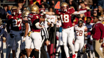 CHESTNUT HILL, MASSACHUSETTS - NOVEMBER 20: Mike Palmer #18 of the Boston College Eagles reacts during a game against the Florida State Seminoles at Alumni Stadium on November 20, 2021 in Chestnut Hill, Massachusetts. (Photo by Maddie Malhotra/Getty Images)