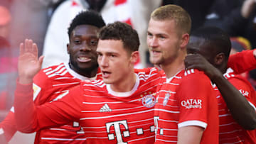MUNICH, GERMANY - MARCH 11: Benjamin Pavard of Bayern Muenchen celebrates as he scores the goal 2:1 with Matthijs de Ligt of FC Bayern Muenchen during the Bundesliga match between FC Bayern München and FC Augsburg at Allianz Arena on March 11, 2023 in Munich, Germany. (Photo by Stefan Matzke - sampics/Corbis via Getty Images)