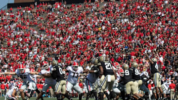 Georgia kicks an point after try against Vanderbilt during the fourth quarter of the game at Vanderbilt Stadium Saturday, Sept. 25, 2021 in Nashville, Tenn. Georgia Bulldog fans filled the stadium as Vanderbilt lost 62 to 0.Nas Vandy Ga 035