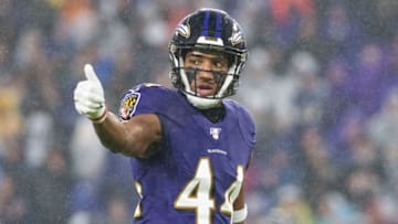 Dec 29, 2019; Baltimore, Maryland, USA; Baltimore Ravens cornerback Marlon Humphrey (44) during the first quarter against the Pittsburgh Steelers at M&T Bank Stadium. Mandatory Credit: Tommy Gilligan-USA TODAY Sports