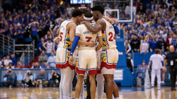 Feb 18, 2023; Lawrence, Kansas, USA; Kansas Jayhawks huddle mid court prior to the game against the Baylor Bears at Allen Fieldhouse. Mandatory Credit: William Purnell-USA TODAY Sports