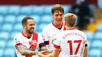 BIRMINGHAM, ENGLAND - NOVEMBER 01: Danny Ings of Southampton celebrates with teammates Jannik Vestergaard and Stuart Armstrong after scoring his team's fourth goal during the Premier League match between Aston Villa and Southampton at Villa Park on November 01, 2020 in Birmingham, England. Sporting stadiums around the UK remain under strict restrictions due to the Coronavirus Pandemic as Government social distancing laws prohibit fans inside venues resulting in games being played behind closed doors. (Photo by Michael Steele/Getty Images)