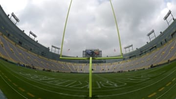 Aug 22, 2014; Green Bay, WI, USA; General view of Lambeau Field goal posts before the game between the Oakland Raiders and the Green Bay Packers. Mandatory Credit: Kirby Lee-USA TODAY Sports