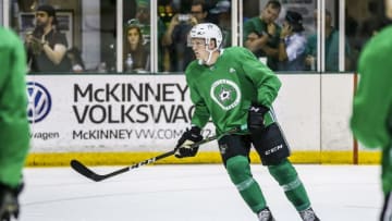 FRISCO, TX - JUNE 29: First round draft choice Ty Dellandrea (15) goes through hockey drills during the Dallas Stars Development Camp on June 29, 2018 at the Dr. Pepper Stars Center in Frisco, Texas. (Photo by Matthew Pearce/Icon Sportswire via Getty Images)