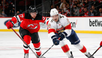 NEWARK, NEW JERSEY - NOVEMBER 09: Aaron Ekblad #5 of the Florida Panthers skates against the New Jersey Devils at the Prudential Center on November 09, 2021 in Newark, New Jersey. The Devils defeated the Panthers 7-3. (Photo by Bruce Bennett/Getty Images)