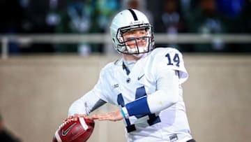 Nov 28, 2015; East Lansing, MI, USA; Penn State Nittany Lions quarterback Christian Hackenberg (14) drops back to pass the ball during the 2nd half of a game against the Michigan State Spartans at Spartan Stadium. Mandatory Credit: Mike Carter-USA TODAY Sports