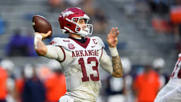 Oct 10, 2020; Auburn, Alabama, USA; Arkansas Razorbacks quarterback Feleipe Franks (13) drops back to pass against the Auburn Tigers during the fourth quarter at Jordan-Hare Stadium. Mandatory Credit: John David Mercer-USA TODAY Sports