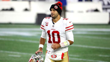 FOXBOROUGH, MASSACHUSETTS - OCTOBER 25: Jimmy Garoppolo #10 of the San Francisco 49ers looks on after the game against the New England Patriots at Gillette Stadium on October 25, 2020 in Foxborough, Massachusetts. (Photo by Maddie Meyer/Getty Images)