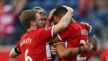 BRIDGEVIEW, IL - JULY 18: Chicago Fire forward Nemanja Nikolic (23) celebrates his goal with teammates during the game against the Louisville City FC on July 18, 2018 at Toyota Park in Bridgeview, Illinois. (Photo by Quinn Harris/Icon Sportswire via Getty Images)