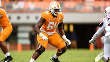 Tennessee Volunteers offensive lineman Wanya Morris (64) blocking during the second half of a game against the Mississippi State Bulldogs at Neyland Stadium. Mandatory Credit: Bryan Lynn-USA TODAY SportsOct 12, 2019; Knoxville, TN, USA; Tennessee Volunteers offensive lineman Wanya Morris (64) blocking during the second half of a game against the Mississippi State Bulldogs at Neyland Stadium. Mandatory Credit: Bryan Lynn-USA TODAY Sports