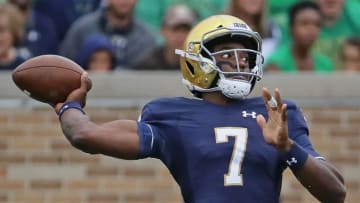SOUTH BEND, IN - SEPTEMBER 08: Brandon Wimbush #7 of the Notre Dame Fighting Irishpasses against the Ball State Cardinals at Notre Dame Stadium on September 8, 2018 in South Bend, Indiana. Notre Dame defeated Ball State 24-16. (Photo by Jonathan Daniel/Getty Images)