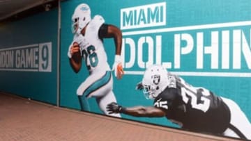 Sep 25, 2014; London, UNITED KINGDOM; General view of signage of Miami Dolphins running back Lamar Miller (26) and Oakland Raiders cornerback D.J. Hayden (25) at Wembley Stadium in advance of the NFL International Series game. Mandatory Credit: Kirby Lee-USA TODAY Sports