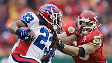 KANSAS CITY, MO - DECEMBER 13: Linebacker Mike Vrabel #50 of the Kansas City Chiefs tries to tackle running back Marshawn Lynch #23 of the Buffalo Bills at Arrowhead Stadium on December 13, 2009 Kansas City, Missouri. The Bills defeated the Chiefs 16-10. (Photo by Wesley Hitt/Getty Images)