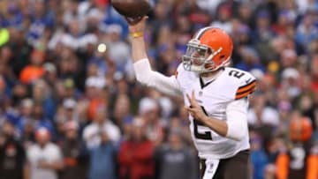 Nov 30, 2014; Orchard Park, NY, USA; Cleveland Browns quarterback Johnny Manziel (2) throws the ball during the second half against the Buffalo Bills at Ralph Wilson Stadium. Buffalo beats Cleveland 26 to 10. Mandatory Credit: Timothy T. Ludwig-USA TODAY Sports