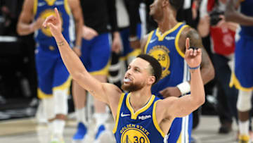 PORTLAND, OREGON - MAY 20: Stephen Curry #30 of the Golden State Warriors celebrates defeating the Portland Trail Blazers 119-117 during overtime in game four of the NBA Western Conference Finals to advance to the 2019 NBA Finals at Moda Center on May 20, 2019 in Portland, Oregon. NOTE TO USER: User expressly acknowledges and agrees that, by downloading and or using this photograph, User is consenting to the terms and conditions of the Getty Images License Agreement. (Photo by Steve Dykes/Getty Images)