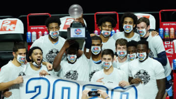 Nov 26, 2020; Uncasville, CT, USA; The Villanova Wildcats hold up a trophy after defeating Arizona State Sun Devils in the 2k Empire Classic Championship at Mohegan Sun. Mandatory Credit: David Butler II-USA TODAY Sports