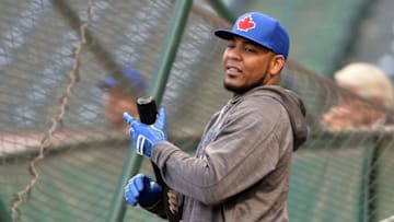 Oct 13, 2016; Cleveland, OH, USA; Toronto Blue Jays designated hitter Edwin Encarnacion (10) works out one day prior to game one of the ALCS at Progressive Field. Mandatory Credit: Ken Blaze-USA TODAY Sports