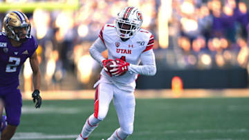 SEATTLE, WASHINGTON - NOVEMBER 02: Jaylon Johnson #1 of the Utah Utes intercepts a Jacob Eason #10 of the Washington Huskies pass and returns it for a 39 yard for a touchdown during the third quarter of the game at Husky Stadium on November 02, 2019 in Seattle, Washington. The Utah Utes top the Washington Huskies 33-28. (Photo by Alika Jenner/Getty Images)