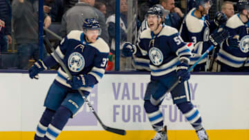 COLUMBUS, OH - NOVEMBER 15: Columbus Blue Jackets left wing Markus Hannikainen (37) reacts after scoring a goal in a game between the Columbus Blue Jackets and the Florida Panthers on November 15, 2018 at Nationwide Arena in Columbus, OH.(Photo by Adam Lacy/Icon Sportswire via Getty Images)