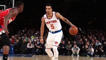 NEW YORK, NY - APRIL 6: Courtney Lee #5 of the New York Knicks handles the ball during a game against the Washington Wizards on April 6, 2017 at Madison Square Garden in New York City, New York. Copyright 2017 NBAE (Photo by Nathaniel S. Butler/NBAE via Getty Images)