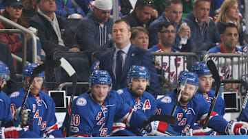 NEW YORK, NY - MAY 04: Head coach Alain Vigneault of the New York Rangers looks on from the bench against the Ottawa Senators in Game Four of the Eastern Conference Second Round during the 2017 NHL Stanley Cup Playoffs at Madison Square Garden on May 4, 2017 in New York City. The New York Rangers won 4-1. (Photo by Jared Silber/NHLI via Getty Images)
