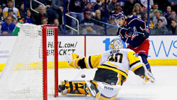 COLUMBUS, OH - APRIL 5: Matt Murray #30 of the Pittsburgh Penguins makes a save against Josh Anderson #77 of the Columbus Blue Jackets during the second period on April 5, 2018 at Nationwide Arena in Columbus, Ohio. (Photo by Kirk Irwin/Getty Images)